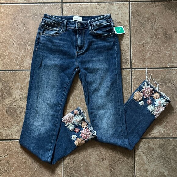 Driftwood Colette Dark Wash Skinny Jeans Floral Embroidery Cotton Blend 27x26 - Picture 1 of 11